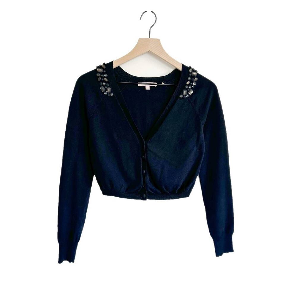 Rebecca Taylor Black Cropped Cardigan Rhinestone Embellished Size S